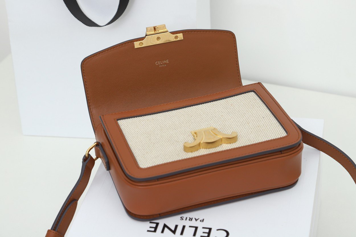 CELINE Teen Triomphe Bag 18.5cm Textile and Calfskin Designer Crossbody Shoulder Bag for Women 4 Colors 16