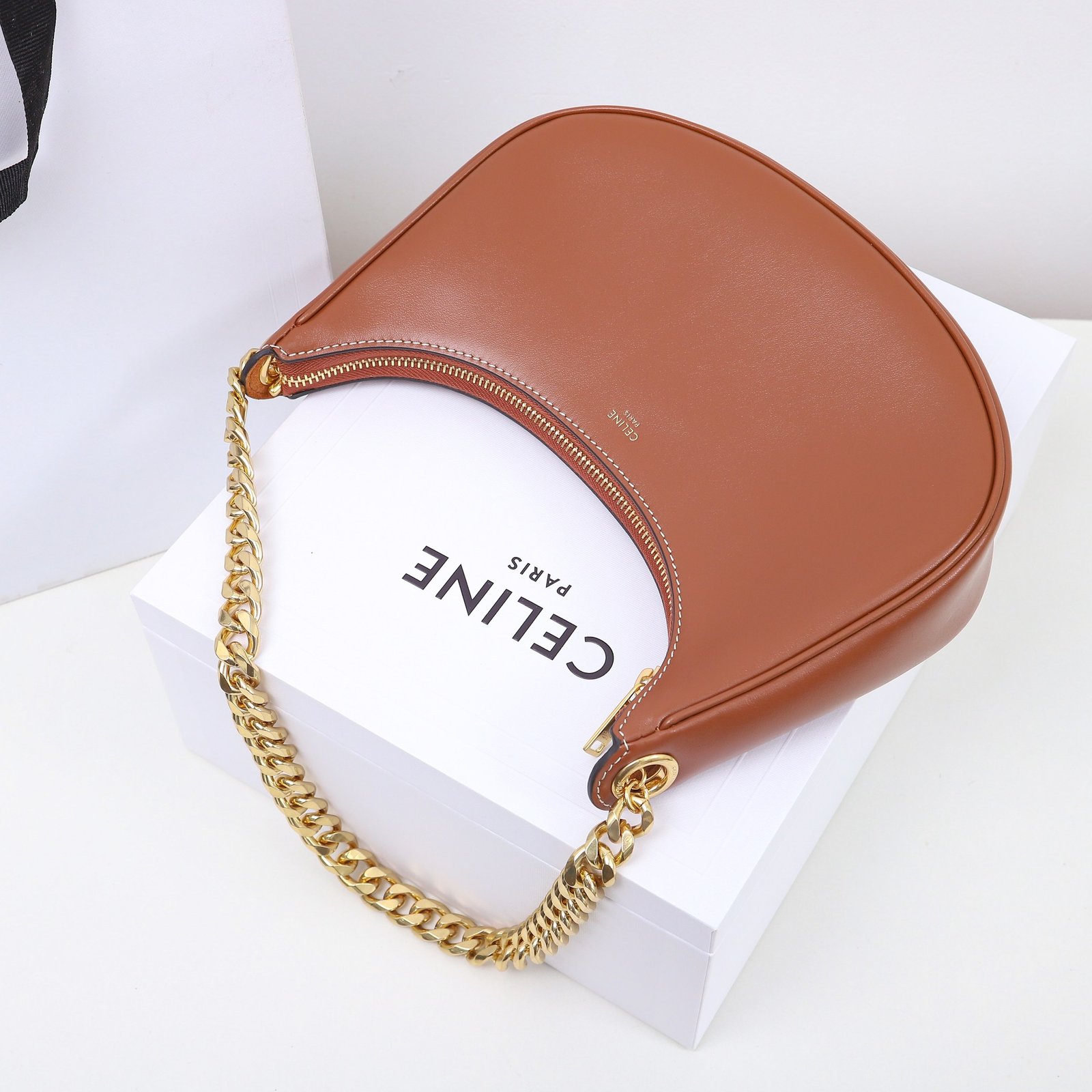 Celine Ava Chain Bag 25cm Smooth Calfskin Moon-Shaped Hobo Bag with Chunky Metal Chain Strap 16