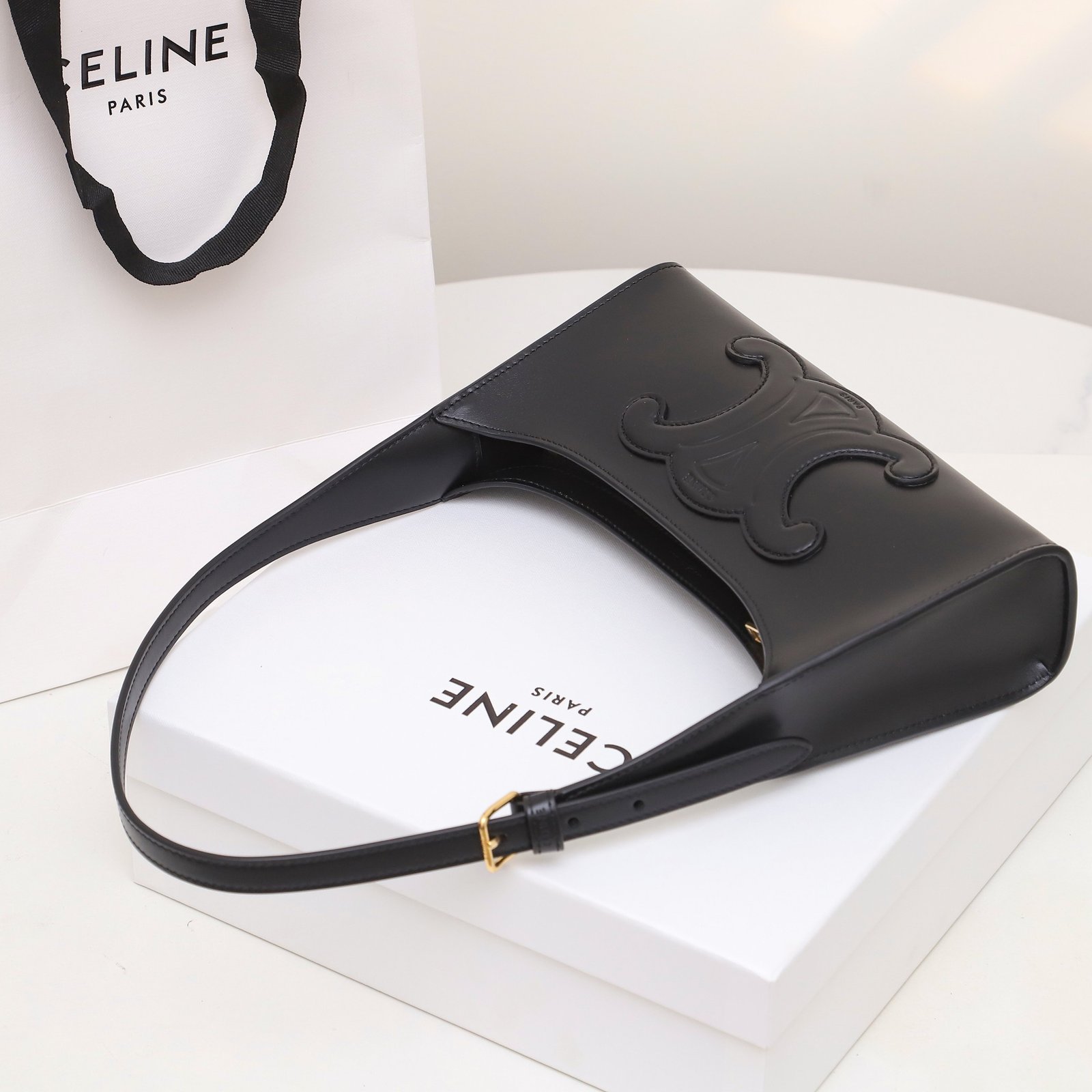 CELINE Triomphe Embossed Calfskin Shoulder Bag Matte Leather Mini Hobo Underarm Bag Handbag for Women 16