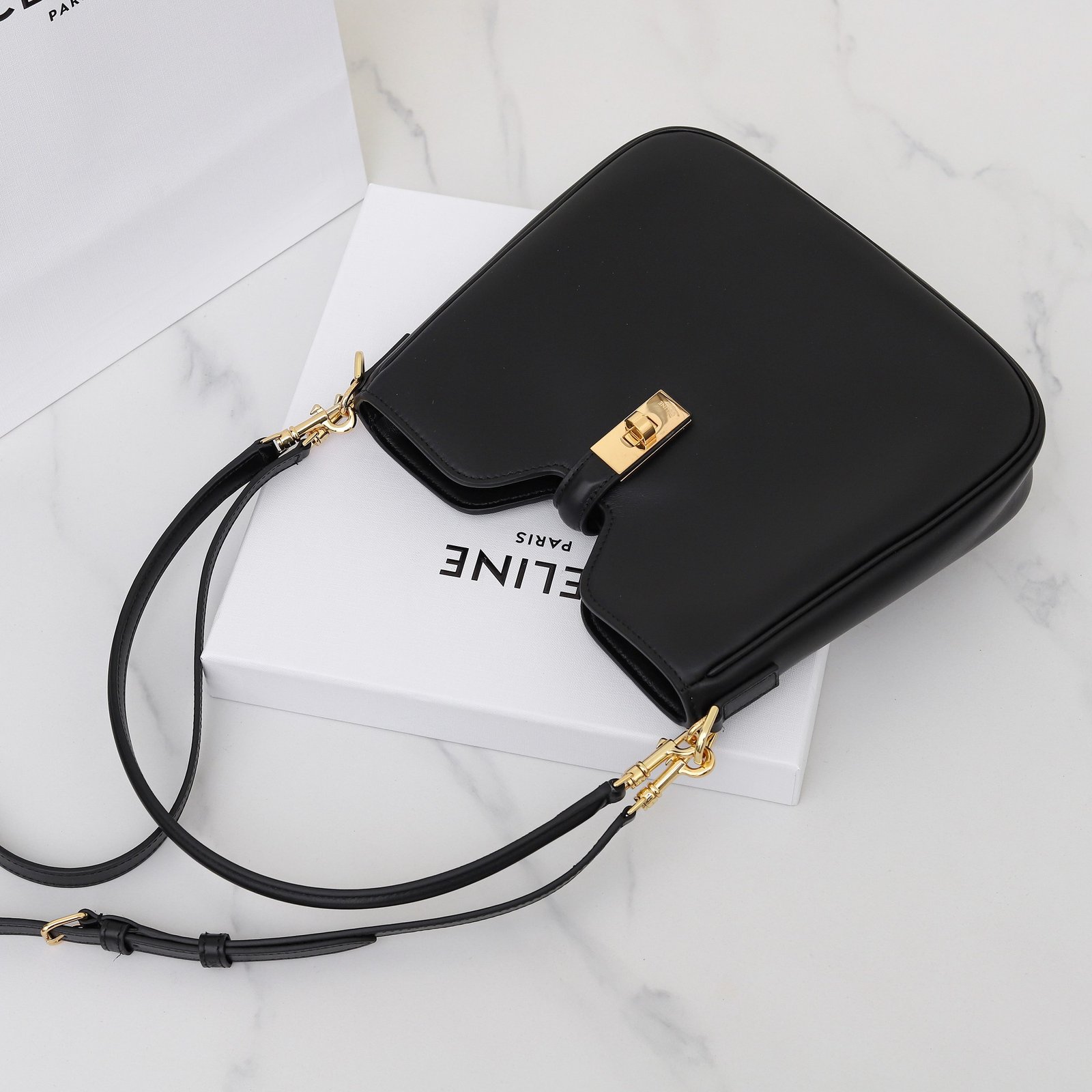 Celine Calfskin Shoulder Bag 24.5cm Minimalist Crossbody Handbag with Gold Hardware Twist-Lock 2025 16