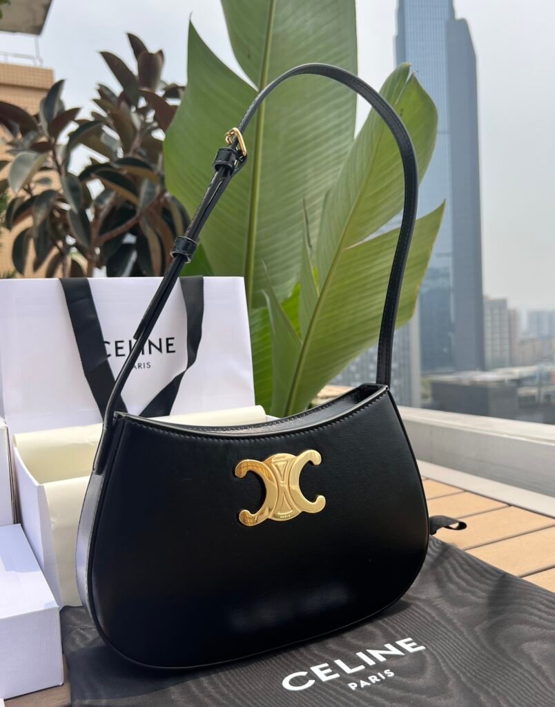 CELINE TILLY Bag 2024 Shiny Calfskin &amp; Triomphe Canvas Shoulder Bag Black/Tan 23cm &ndash; Image 8
