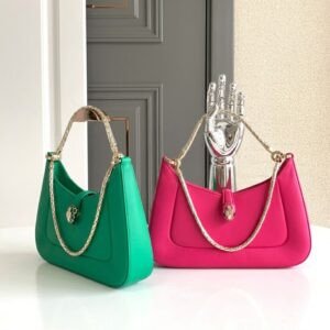 BVLGARI Serpenti Baia Small Shoulder Bag in Calf Leather Snake Head Flap Bag Fuchsia Pink & Emerald Green