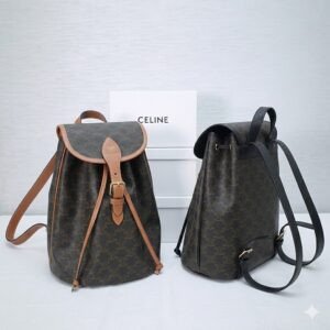 CELINE Triomphe Canvas & Calfskin Folco Backpack 23x30x16cm Timeless Vintage Drawstring Rucksack 17