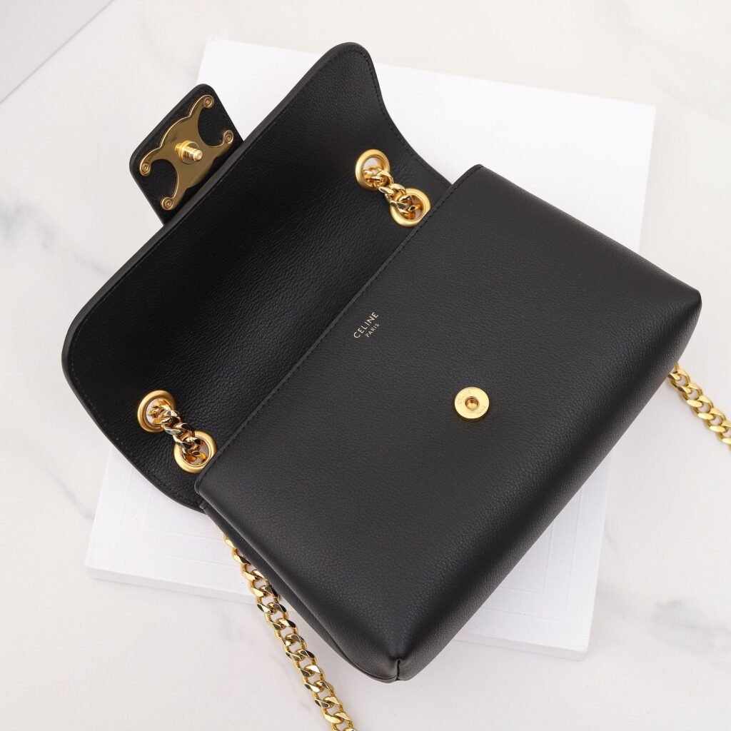 Celine Triomphe Chain Bag 21cm Calfskin Craftsmanship Black & Taupe Flap Bag – Image 11 Celine Triomphe Chain Bag 21cm Calfskin Craftsmanship Black & Taupe Flap Bag – Image 11