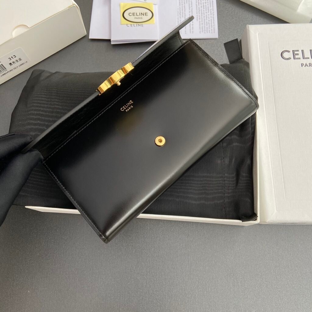 CELINE TRIOMPHE Large Flap Wallet 19cm WOC in Canvas, Black & Pebble Calfskin – Image 8
