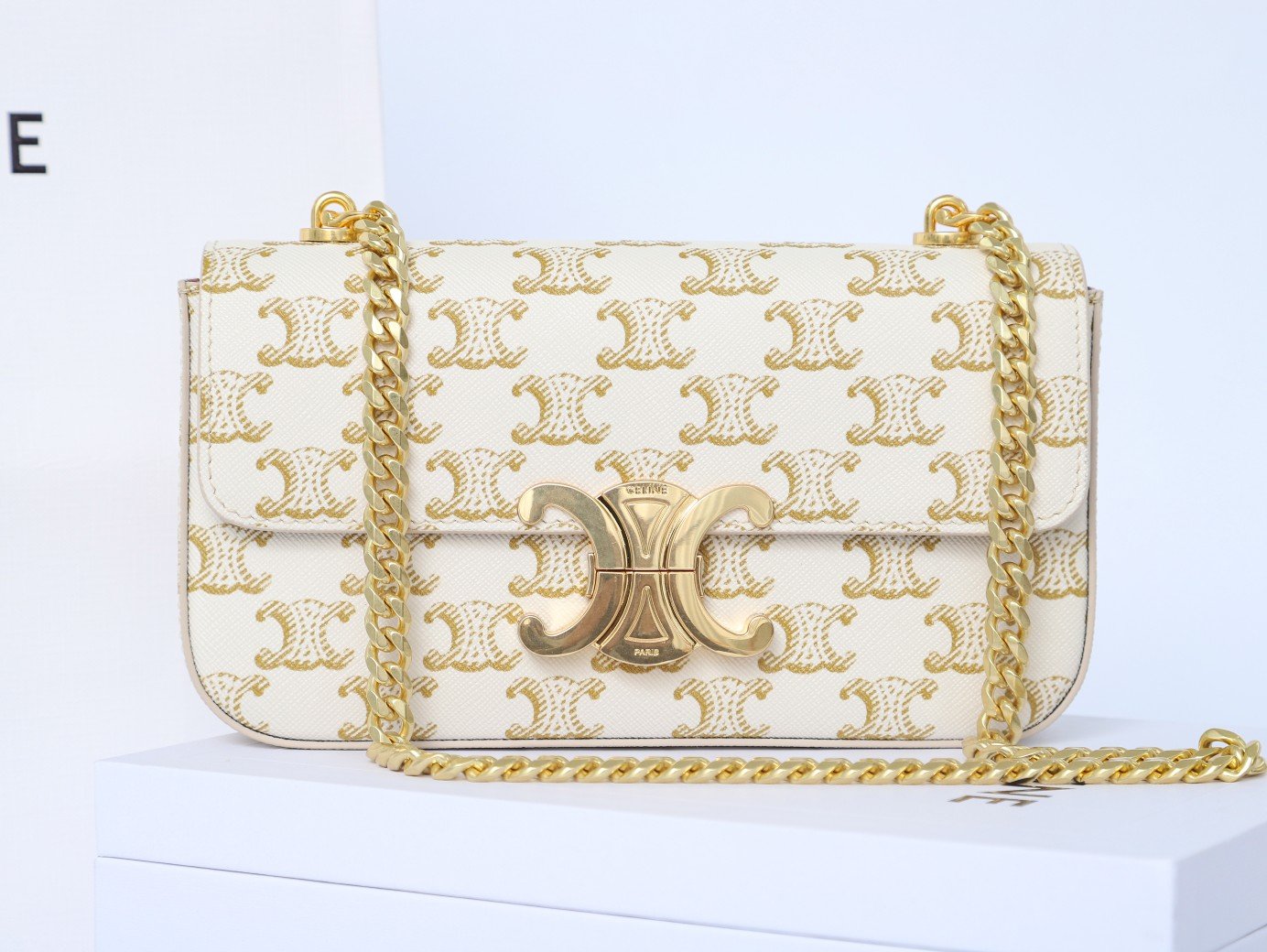 Celine Triomphe Chain Shoulder Bag 20.5cm Canvas and Calfskin Luxury Designer Crossbody for Women 18