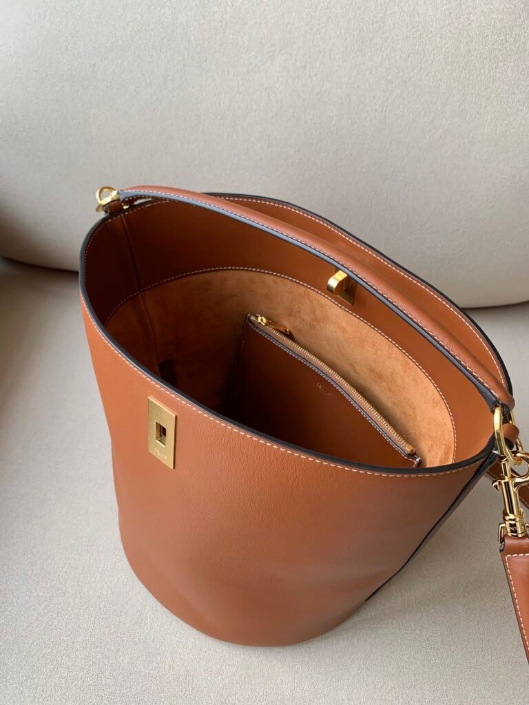 CELINE 16 Bucket Bag 23x25cm Calfskin vs. Linen Jacquard 5 Colors Handbag – Image 5
