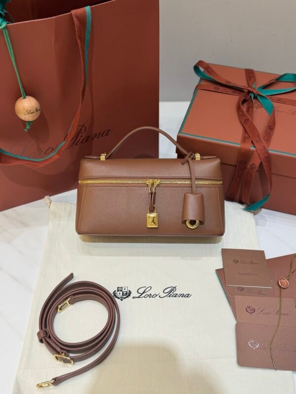 19 Loro Piana Extra Bag L23 Calfskin Leather Top Handle Bag 23cm Crossbody Handbag with Signature Padlock Charms and Adjustable Strap