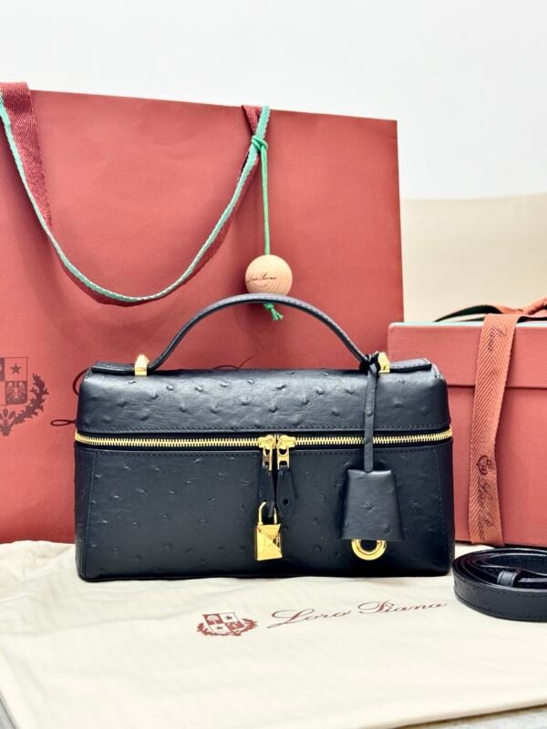 19 Loro Piana L23 Extra Bag 23cm Ostrich-Effect Calfskin Top-Handle Vanity Bag and Crossbody for Women