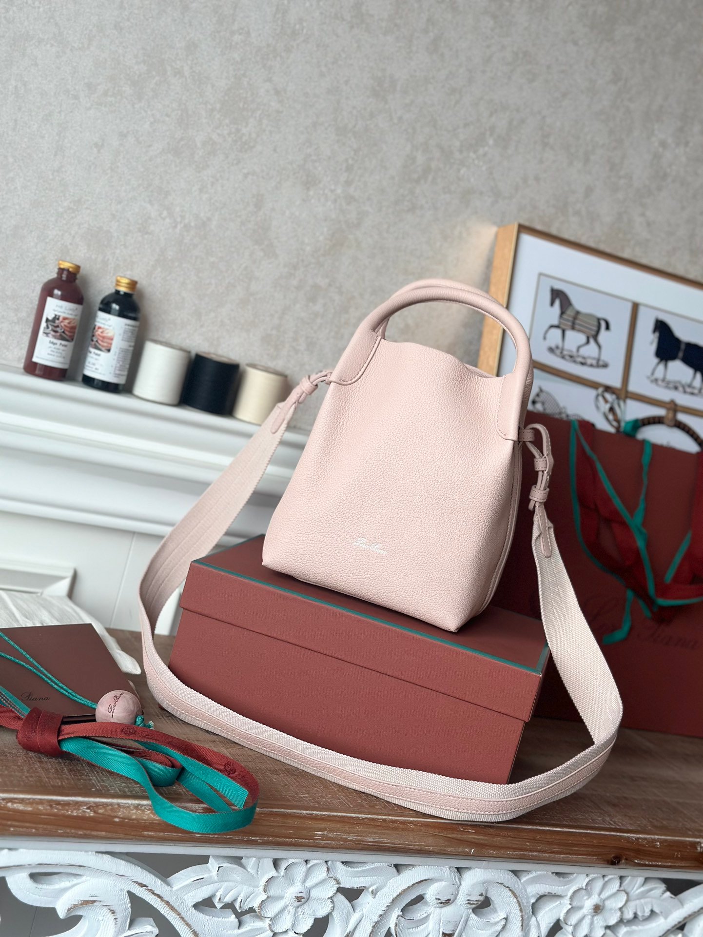 Loro Piana Medium Bale Bag Grained Calfskin Minimalist Bucket Bag with Detachable Shoulder Strap 6 Colors