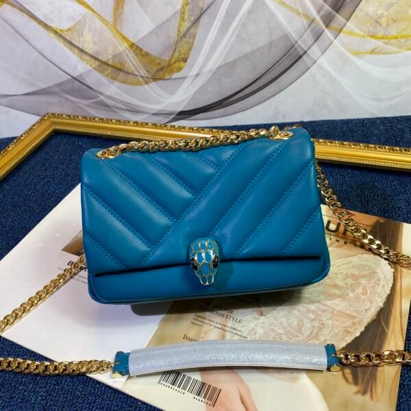 19 BVLGARI Serpenti Forever Chevron Quilted Calfskin Shoulder Bag 22.5cm Women’s Crossbody Handbag with Iconic Snakehead Closure