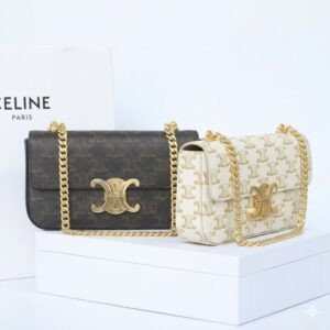 Celine Triomphe Chain Shoulder Bag 20.5cm Canvas and Calfskin Luxury Designer Crossbody for Women 19