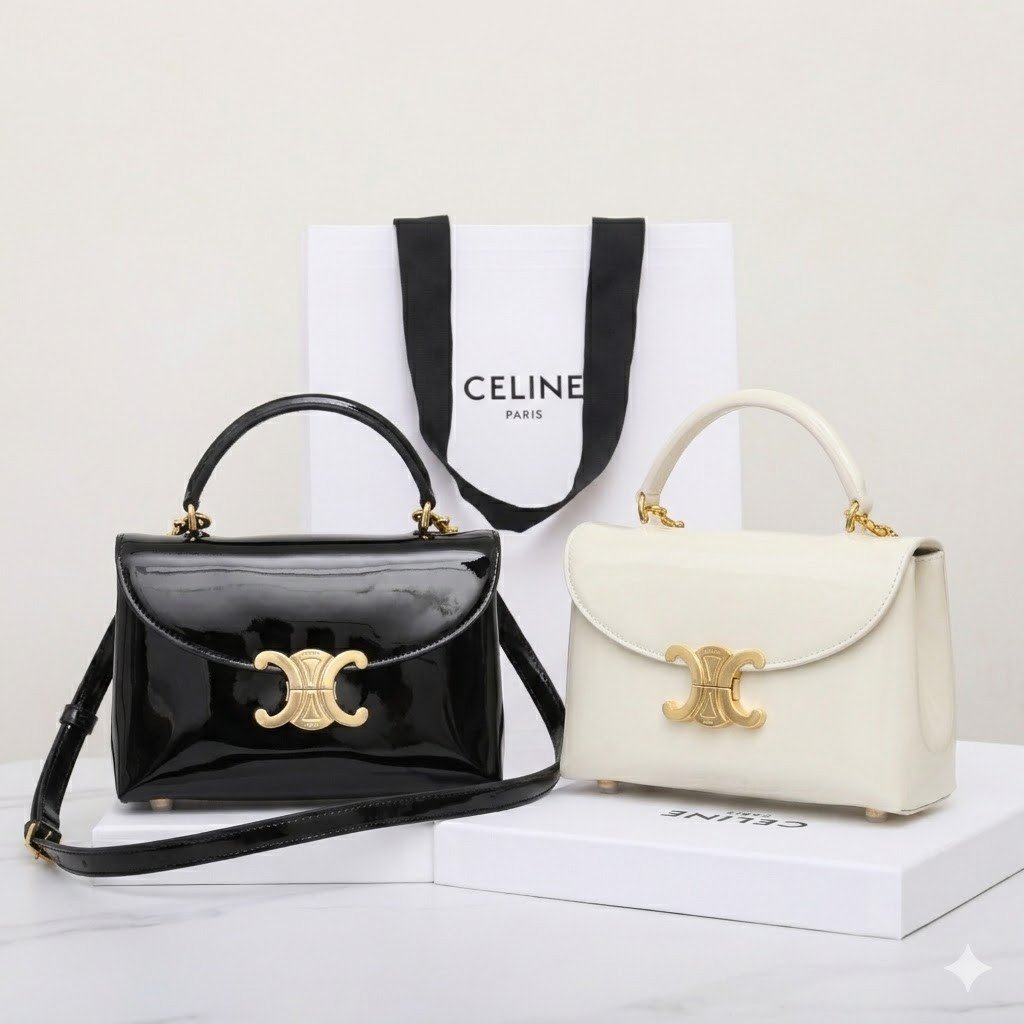 CELINE Triomphe Mirror Patent Leather Top Handle Bag 20cm Calfskin Small Trapezoid Kelly Handbag Crossbody Shoulder Purse 19