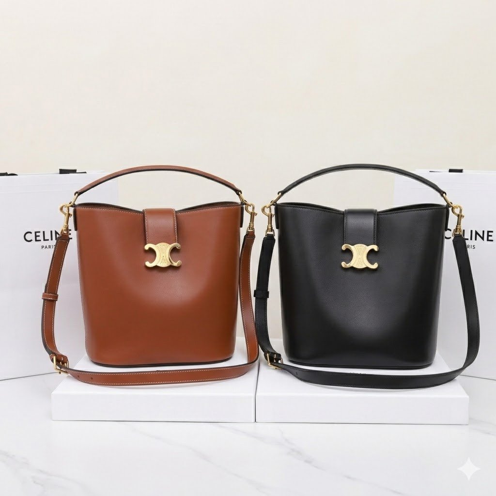 CELINE Triomphe Bucket Bag 28cm Calfskin Smooth Leather Shoulder Bag for Women with Adjustable Crossbody Strap 19