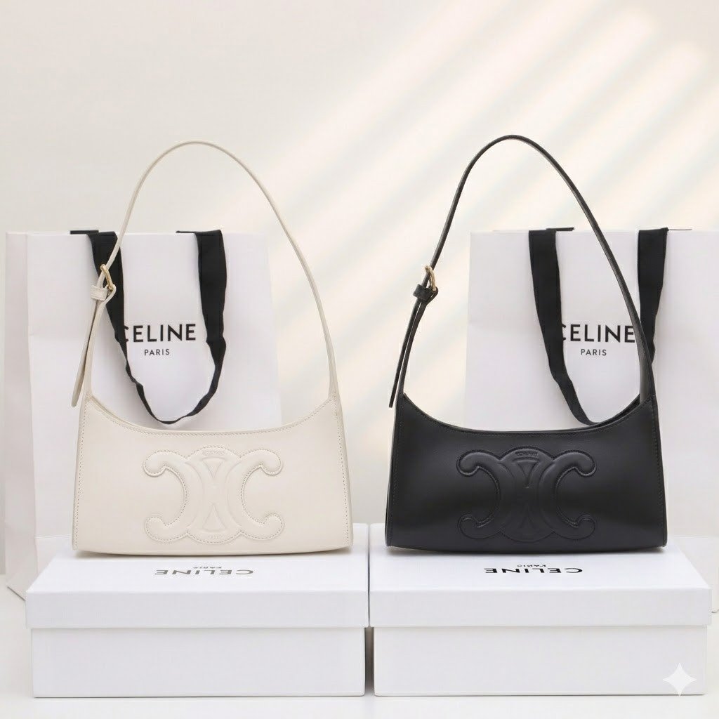 CELINE Triomphe Embossed Calfskin Shoulder Bag Matte Leather Mini Hobo Underarm Bag Handbag for Women 19