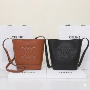CELINE Cuir Triomphe Small Bucket Bag 17x22cm Tan and Black Calfskin Leather Crossbody Handbag with Adjustable Strap 19