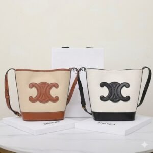 CELINE Triomphe Small Bucket Bag 22x17cm Canvas and Calfskin 3D Logo Shoulder Bag for Women Tan and Black 19