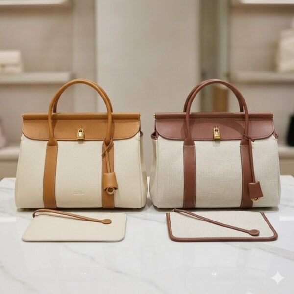 Loro Piana Loom L32 Bag 33cm Designer Canvas & Leather Tote Handbag Work & Travel Satchel with Detachable Pouch