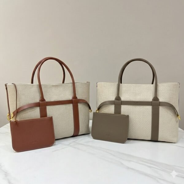 Loro Piana Ghiera Shopper Large Canvas Tote Bag 40cm Shoulder Bag for Work and Travel with Grained Leather Trim