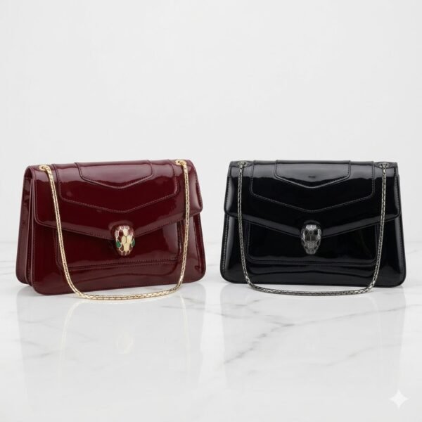 19 BVLGARI Serpenti Forever Glossy Calfskin Shoulder Bag 25cm Multi-Compartment Chain Bag with Snakehead Closure