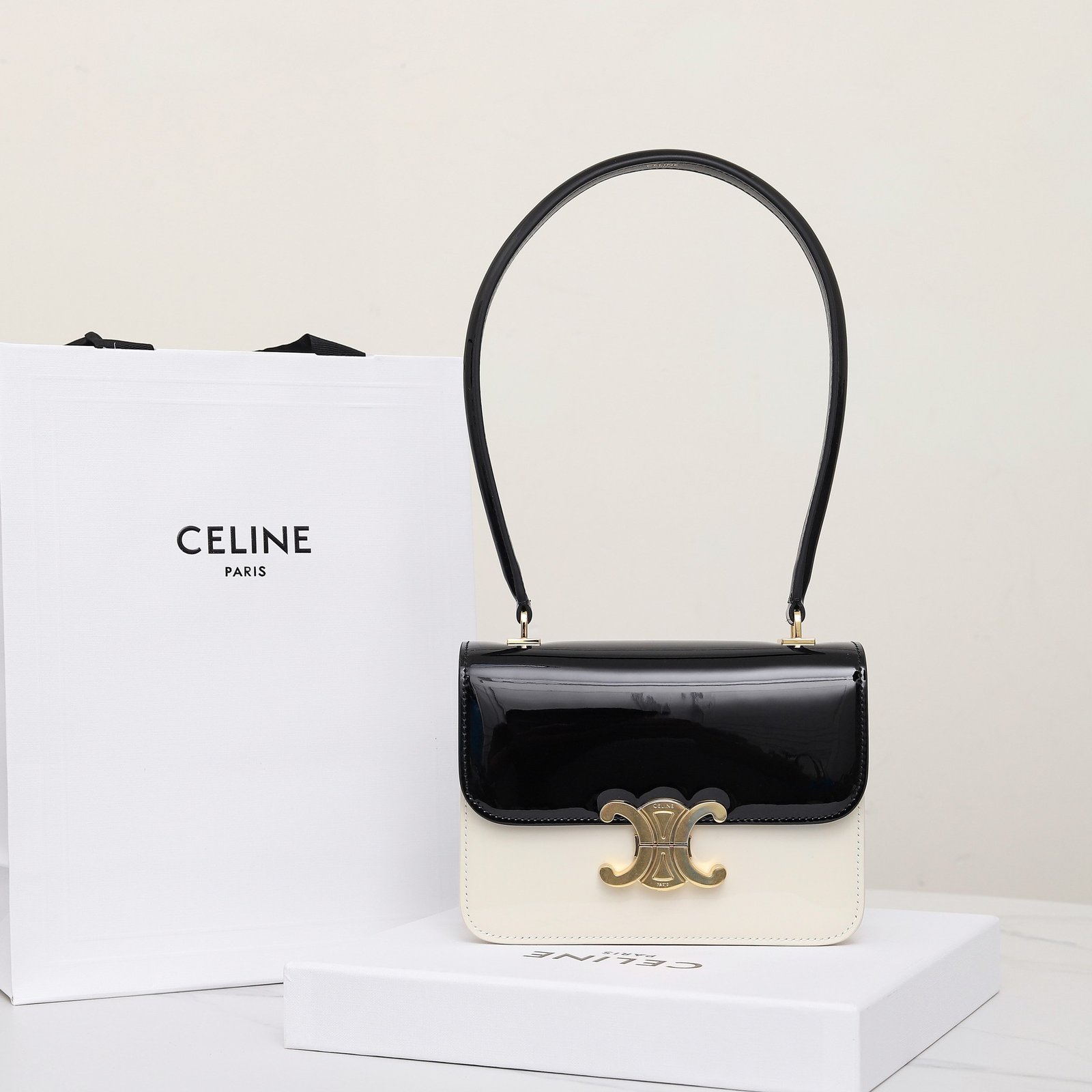 CELINE Teen Triomphe Bag Shiny Patent Calfskin Luxury Designer Shoulder Bag Gold Triomphe Clasp Crossbody 19