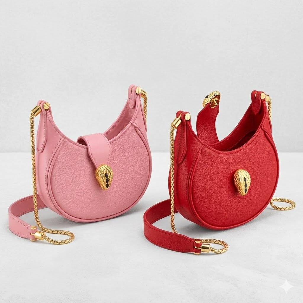 BVLGARI Serpenti Ellipse Mini Crossbody Bag Calf Leather Crescent Shoulder Bag with Snake Head Buckle High-End Purse for Women – Image 1