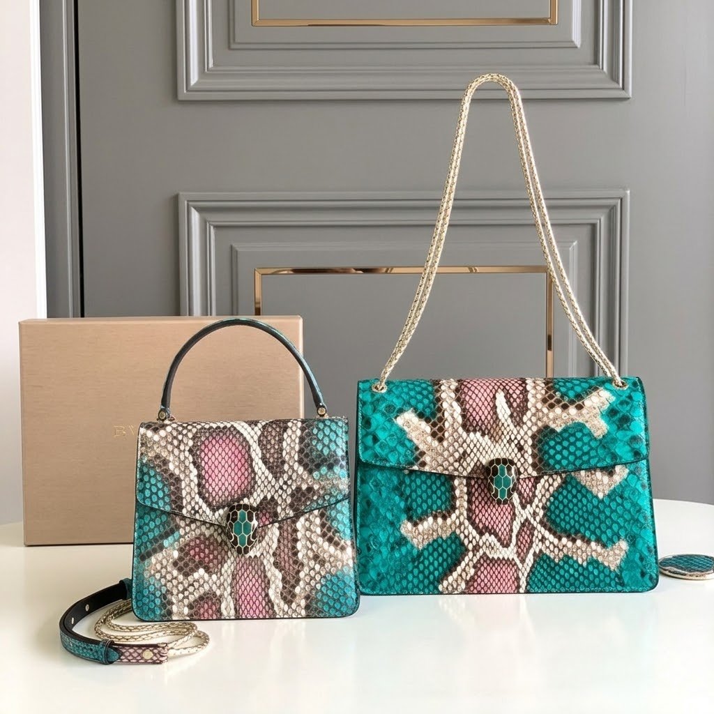 BVLGARI Serpenti Forever Python Skin Top Handle Bag VIP Custom Arctic Jade Psiche Rare Leather Shoulder Bag Crossbody Chain Flap Bag 2 Sizes – Image 1 BVLGARI Serpenti Forever Python Skin Top Handle Bag VIP Custom Arctic Jade Psiche Rare Leather Shoulder Bag Crossbody Chain Flap Bag 2 Sizes – Image 1