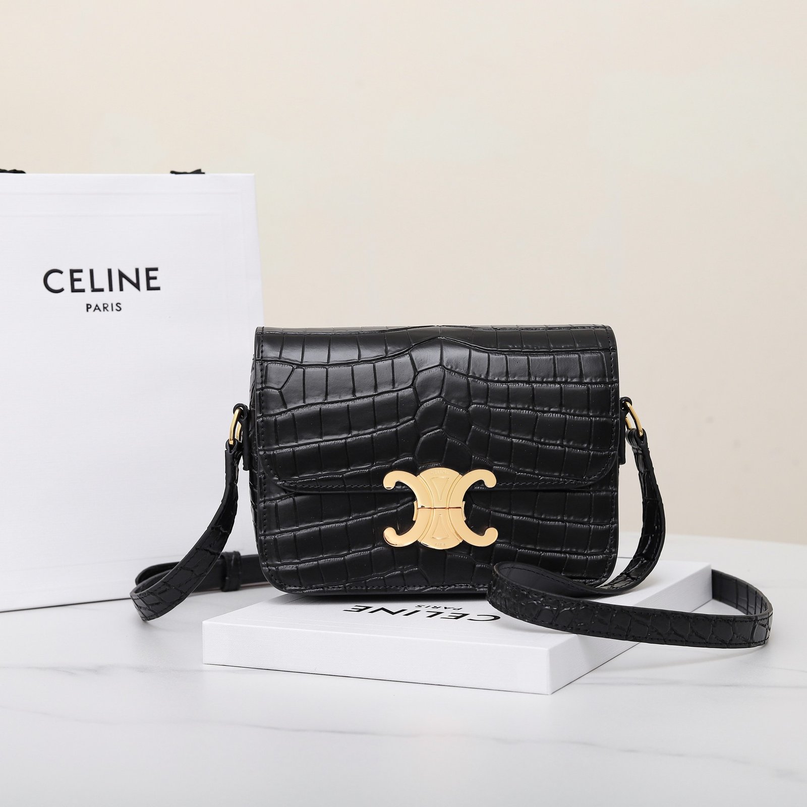 Celine Triomphe Classique Shoulder Bag 18.5cm Lizard and Crocodile Embossed Leather Crossbody Handbag 19