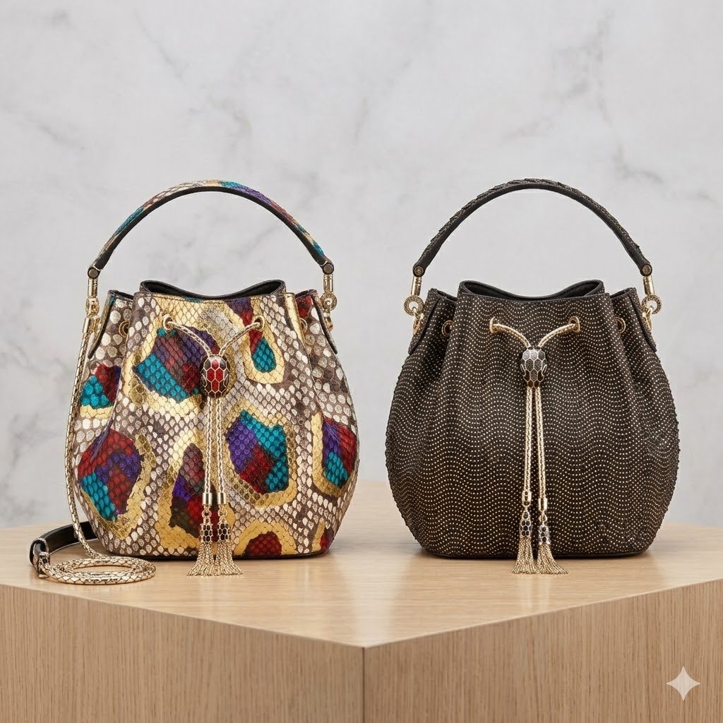 BVLGARI Serpenti Forever Python Bucket Bag Metallic Fil Coupe & Multicolor Lunar Snakeskin Top Handle Crossbody Handbag 2 Sizes – Image 1 BVLGARI Serpenti Forever Python Bucket Bag Metallic Fil Coupe & Multicolor Lunar Snakeskin Top Handle Crossbody Handbag 2 Sizes – Image 1