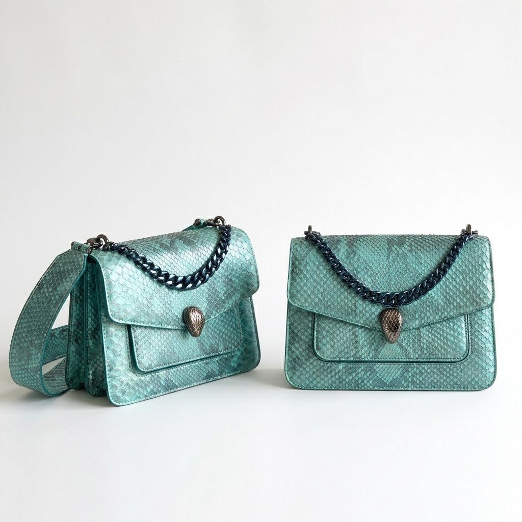 BVLGARI Serpenti Forever MaxiChain Bag Aquamarine Light Blue Pearl Python Leather Shoulder Bag – Image 1 BVLGARI Serpenti Forever MaxiChain Bag Aquamarine Light Blue Pearl Python Leather Shoulder Bag – Image 1