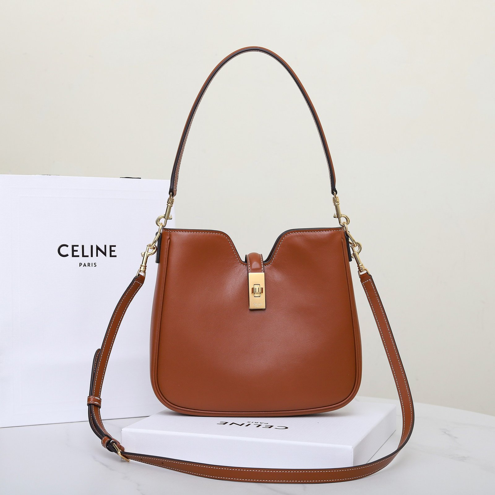 Celine Calfskin Shoulder Bag 24.5cm Minimalist Crossbody Handbag with Gold Hardware Twist-Lock 2025 19