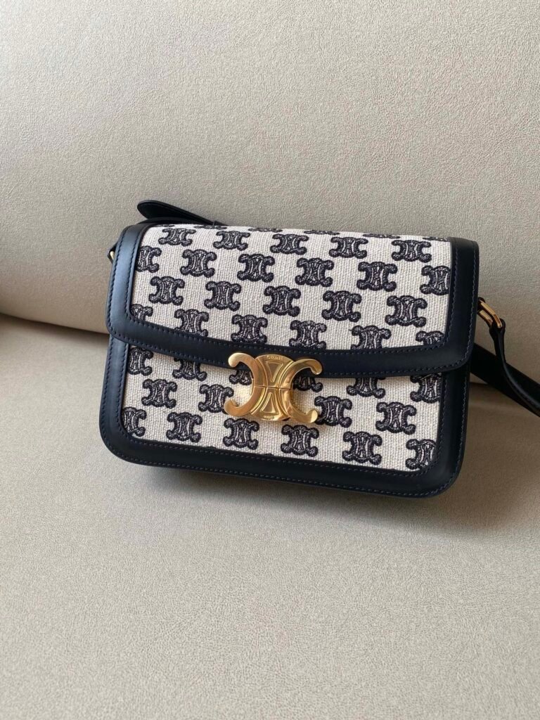 CELINE Triomphe Medium Bag Textile and Calfskin 22.5cm Embroidery & Canvas Patchwork Shoulder Bag – Image 5