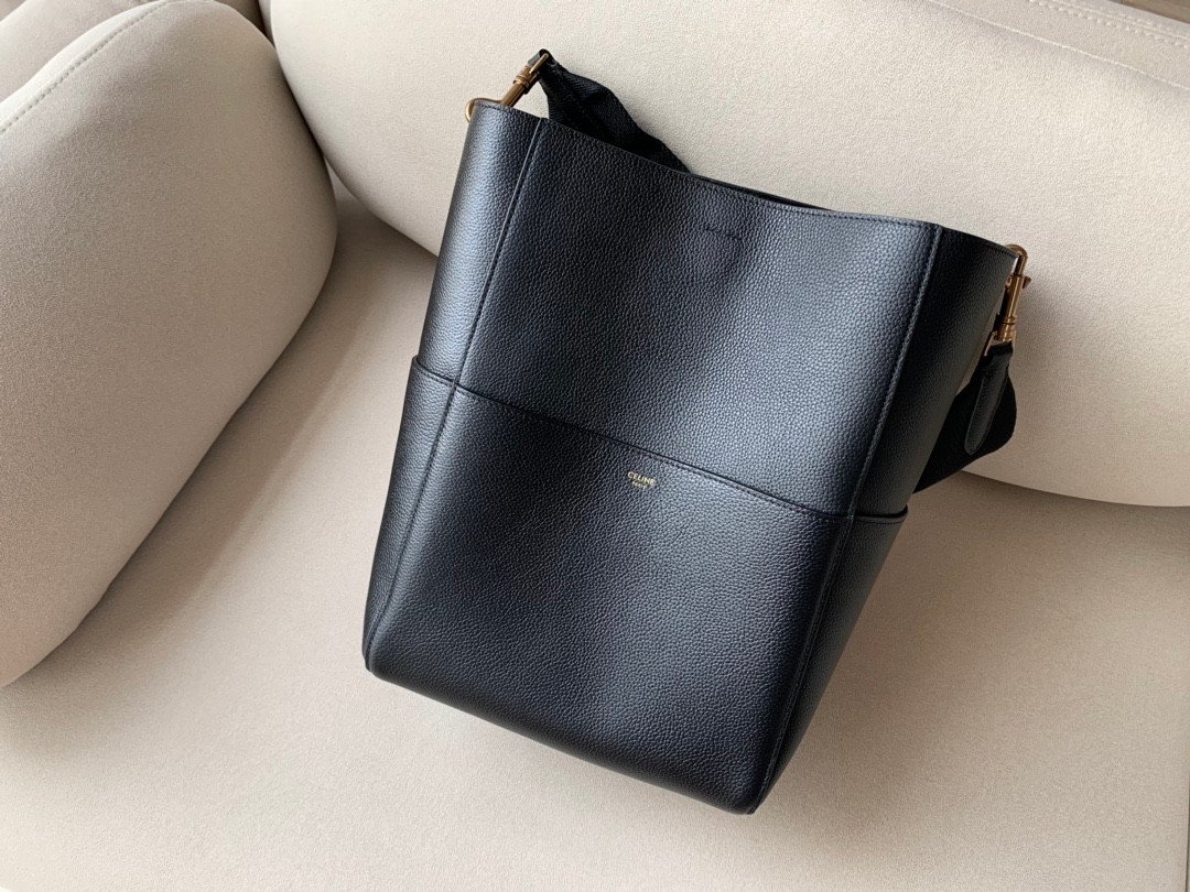 CELINE Sangle Bucket Bag 23x33cm Soft Grained Calfskin Leather Large Shoulder Tote with Removable Wool Strap for Work and Travel 19