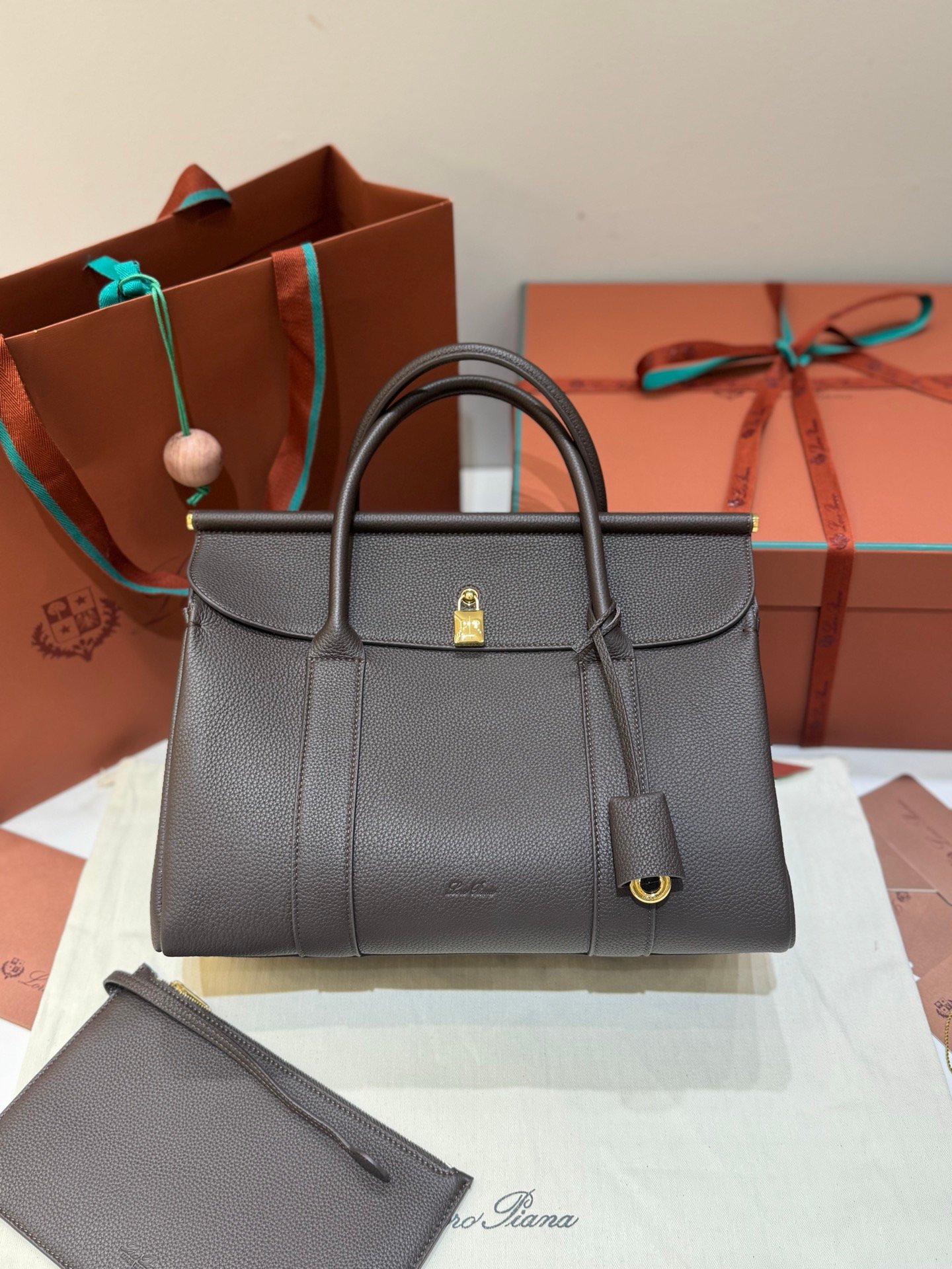 Loro Piana Loom L32 Handbag 33cm Tender Calfskin Luxury Designer Tote Bag with Gold Padlock & Removable Pouch