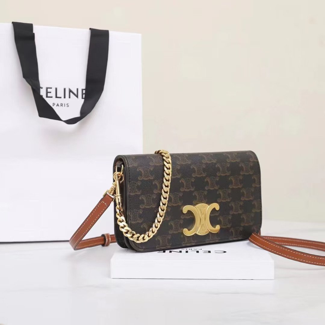 CELINE Triomphe Canvas and Calfskin 3-in-1 Chain Shoulder Bag 20.5cm Parisian Chic Crossbody and Underarm Bag 2