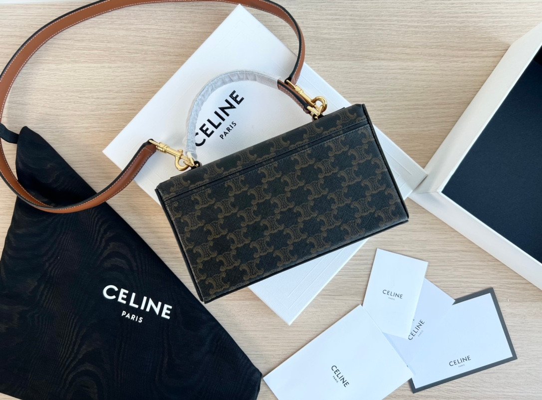 CELINE Box Triomphe Bag 22cm Shiny Calfskin and Triomphe Canvas Leather Shoulder and Crossbody Handbag with Gold-Finish Metallic Closure 2