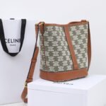 Celine Triomphe Canvas Bucket Bag 30cm Vintage Embroidered Shoulder Bag Calfskin Leather Large Capacity Designer Hobo Bag 2