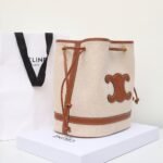 Premium Celine Triomphe Canvas and Leather Bucket Bag 25x28cm Vintage 3D Relief Logo Drawstring Shoulder Bag 2
