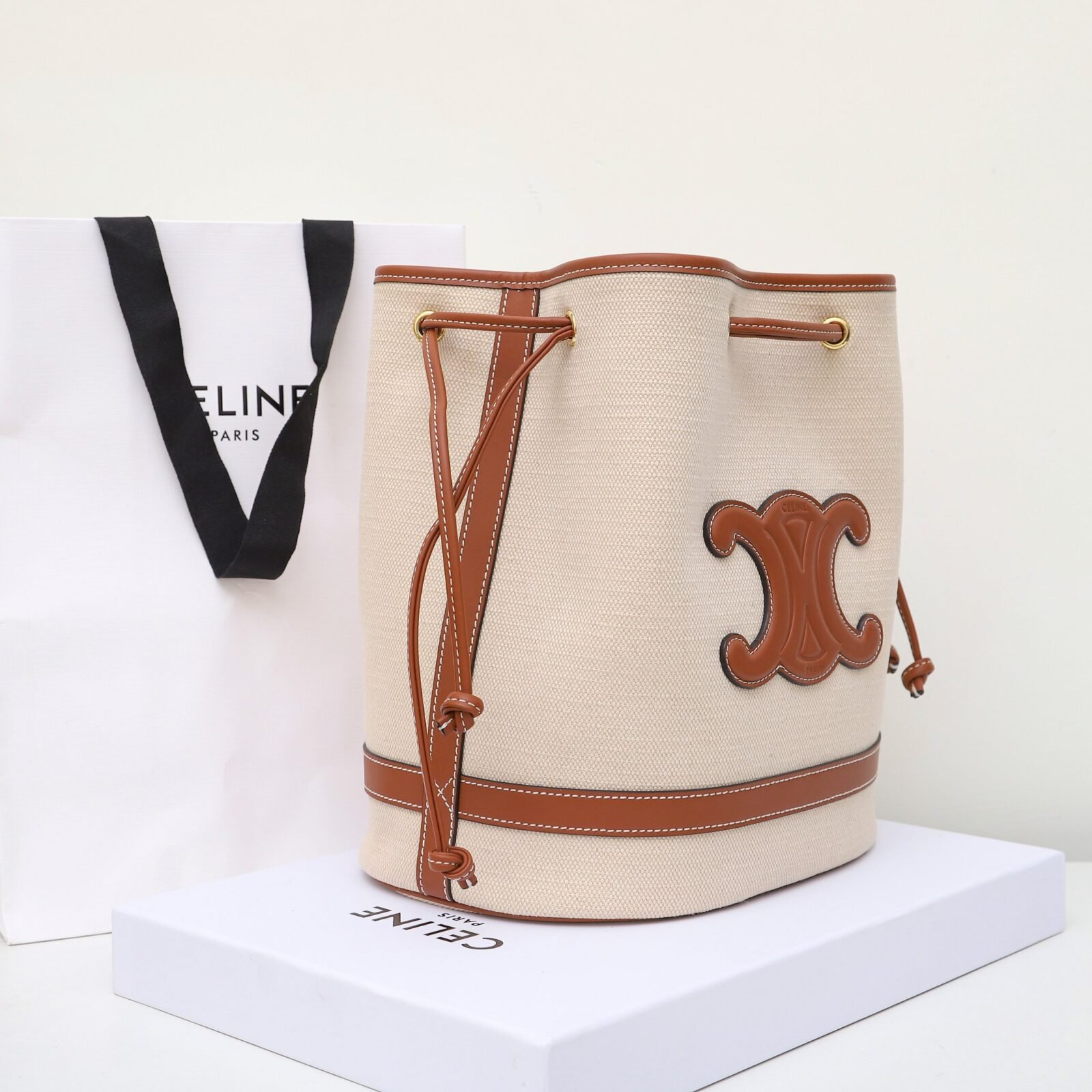 Premium Celine Triomphe Canvas and Leather Bucket Bag 25x28cm Vintage 3D Relief Logo Drawstring Shoulder Bag 2
