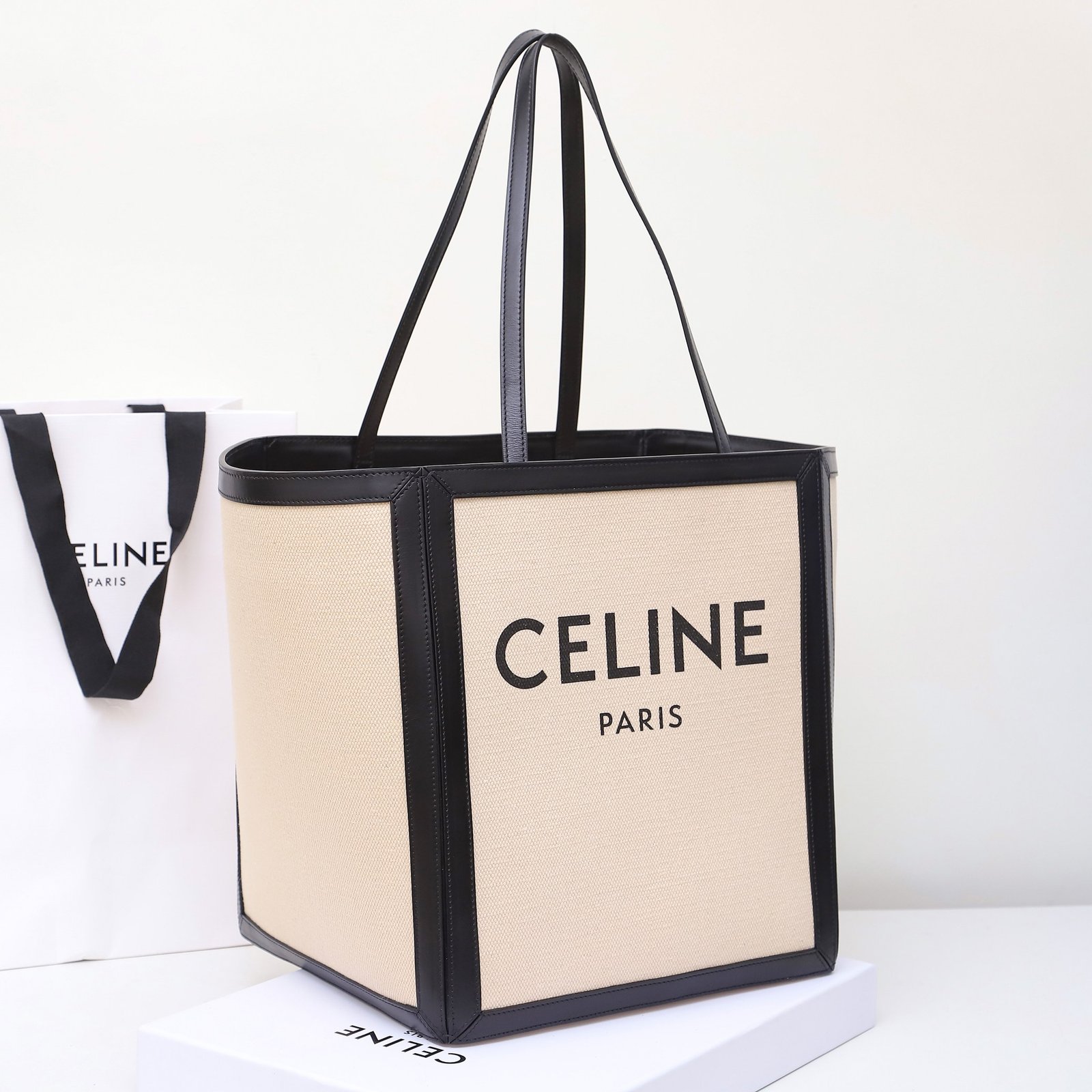 Celine Cabas Thais Tote Bag 31cm Textile and Calfskin Leather Premium Commuter & Travel Shopping Bag 2