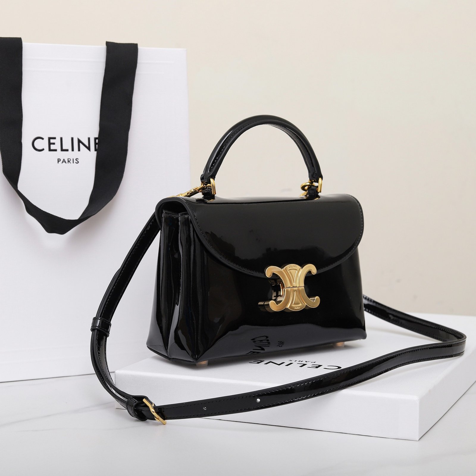 CELINE Triomphe Mirror Patent Leather Top Handle Bag 20cm Calfskin Small Trapezoid Kelly Handbag Crossbody Shoulder Purse 2