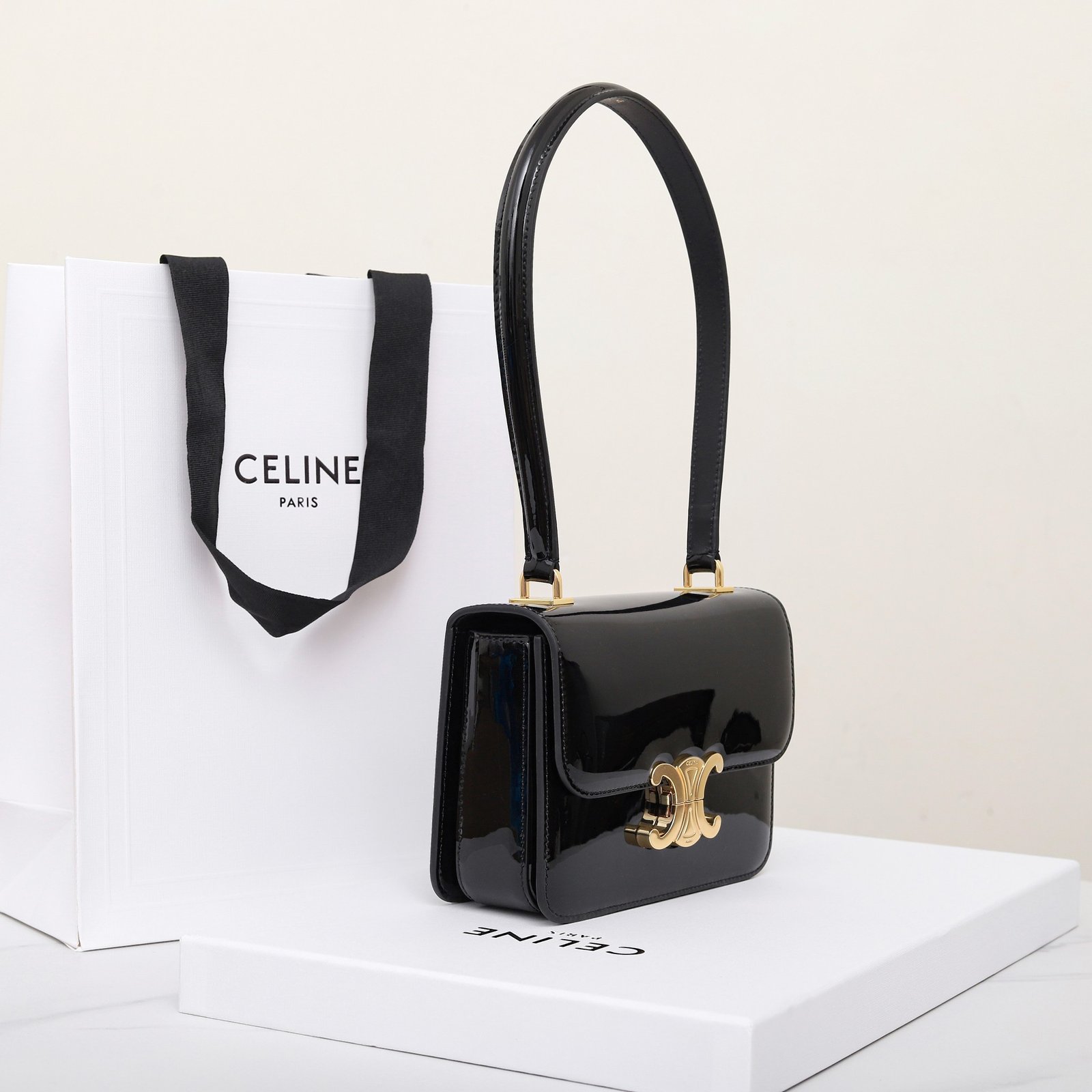 CELINE Teen Triomphe Bag Shiny Patent Calfskin Luxury Designer Shoulder Bag Gold Triomphe Clasp Crossbody 2