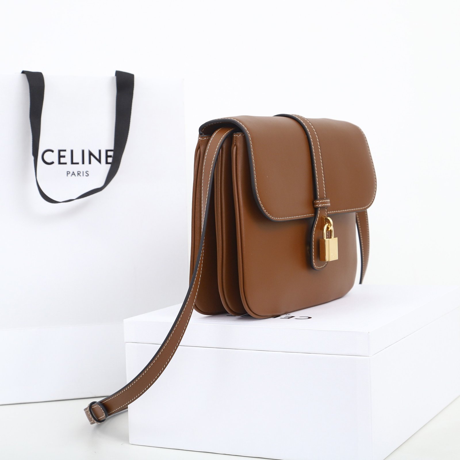 CELINE TABOU Medium Shoulder Bag 22cm Smooth Tan Calfskin Vintage Inspired Crossbody Bag with Gold Padlock Hardware 2