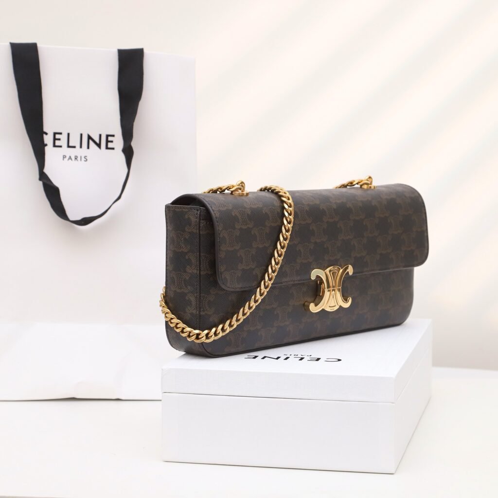 Celine Triomphe Chain Bag 33cm Shiny Calfskin Leather Underarm Bag – Image 2 Celine Triomphe Chain Bag 33cm Shiny Calfskin Leather Underarm Bag – Image 2