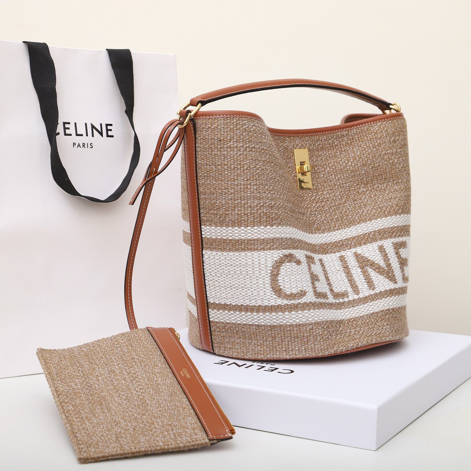 Celine Small 16 Bucket Bag 23x25cm Textile and Calfskin Striped Woven Pattern Designer Handbag with Detachable Pouch 2