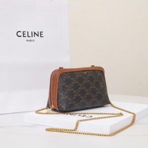 CELINE Triomphe Canvas and Calfskin Mini Chain Clutch Bag Italian Leather Shell Pouch for Women Crossbody Shoulder Bag 2