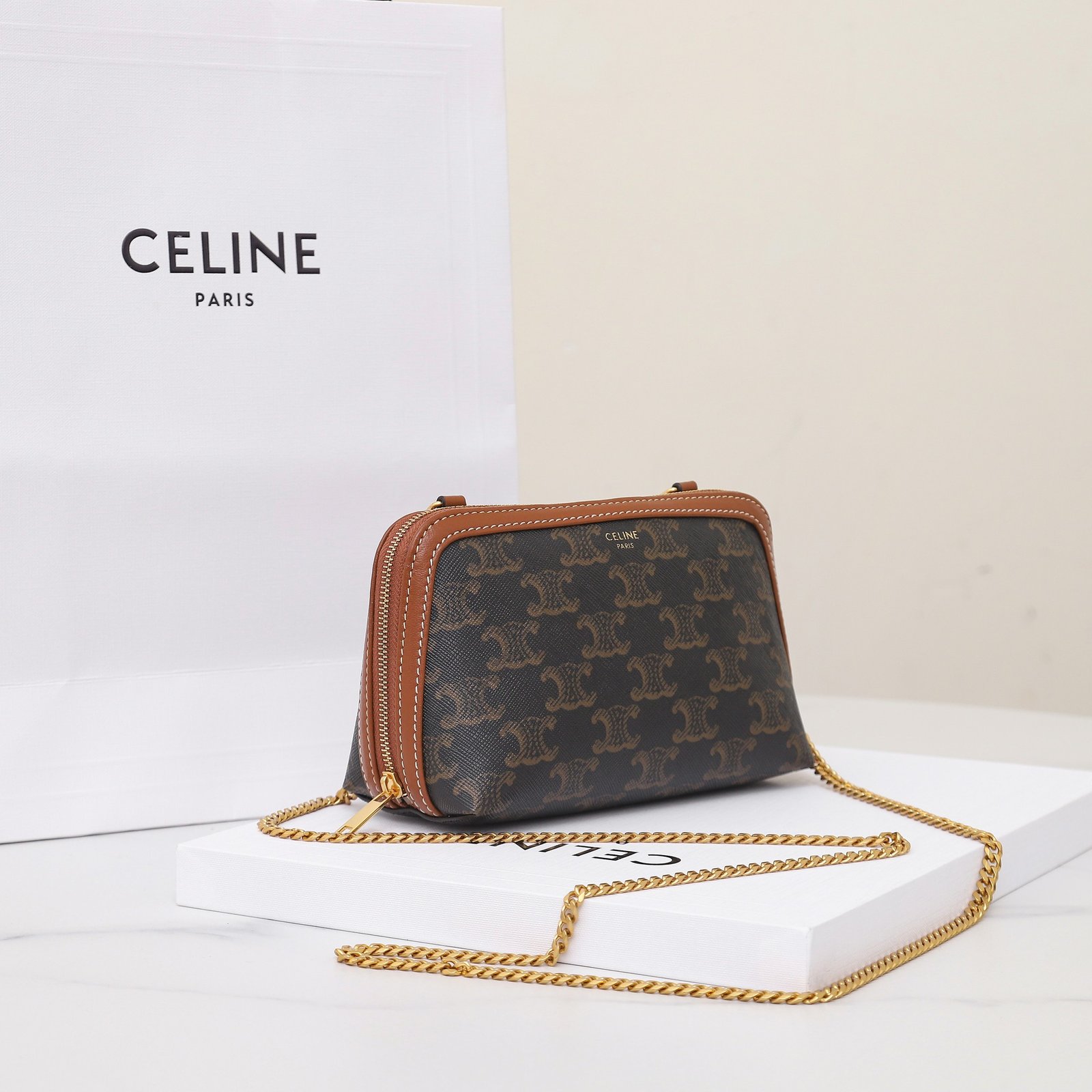 CELINE Triomphe Canvas and Calfskin Mini Chain Clutch Bag Italian Leather Shell Pouch for Women Crossbody Shoulder Bag 2