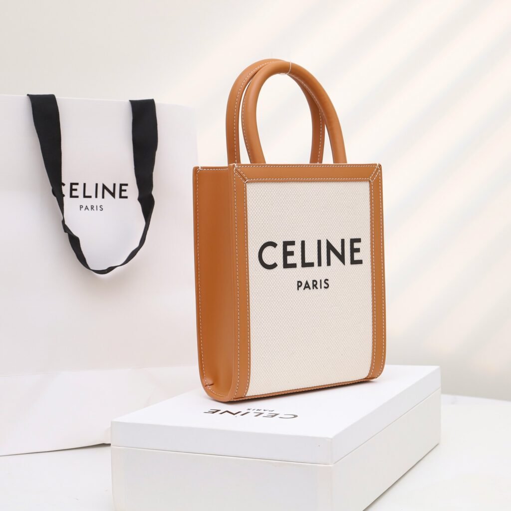 Celine Mini Vertical Cabas Tote Bag 17x21cm Textile and Calfskin Tan/White Handbag &ndash; Image 2