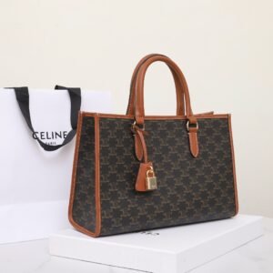 CELINE Horizontal Cabas Tote Bag 35cm Triomphe Canvas and Calfskin Leather Crossbody and Handbag with Strap 2