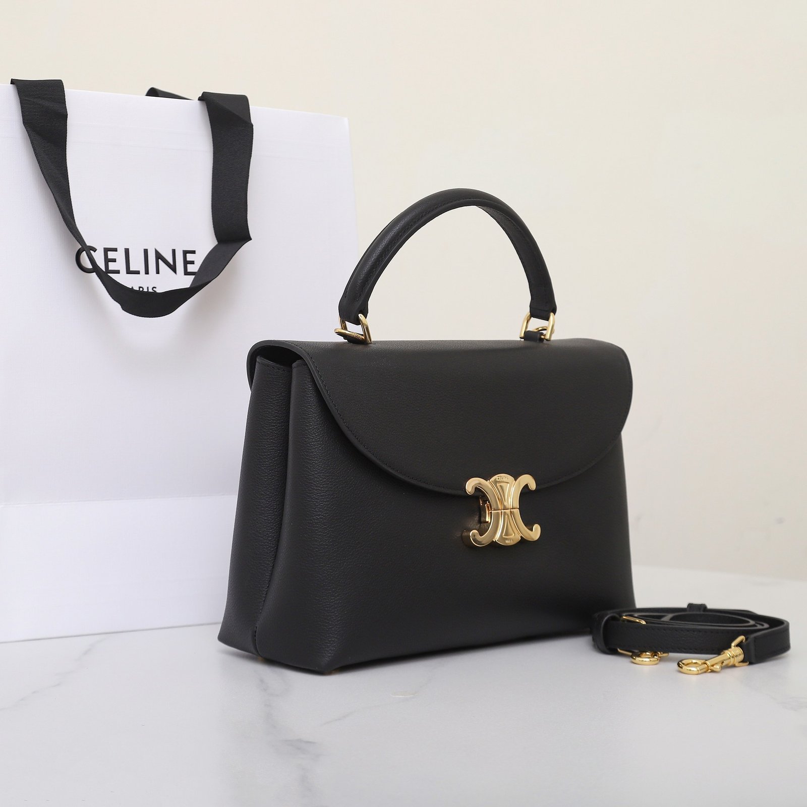 CELINE NINO Top Handle Bag 26cm Black Grained Calfskin with Gold Triomphe Hardware Luxury Crossbody Handbag 2